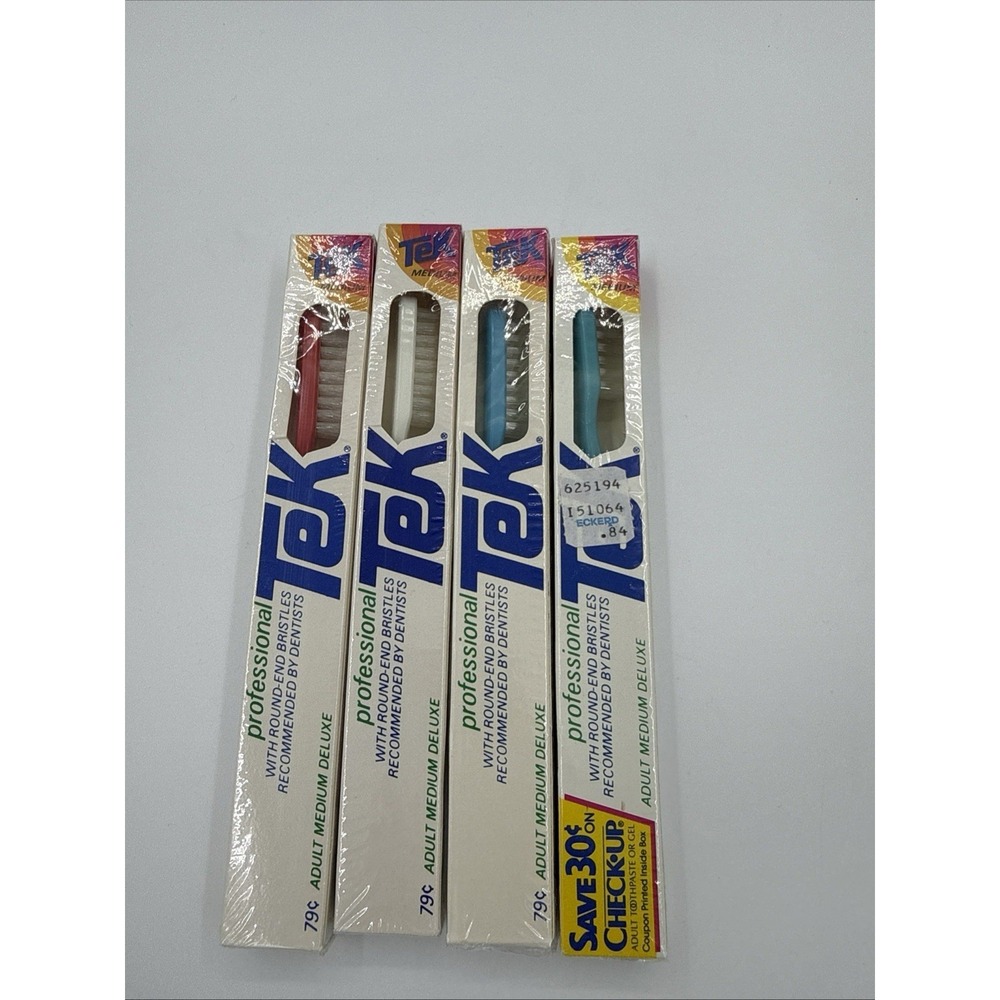 4 LOT Tek Professional Toothbrush Full Head Medium Straight Sealed Vtg 1975/1982